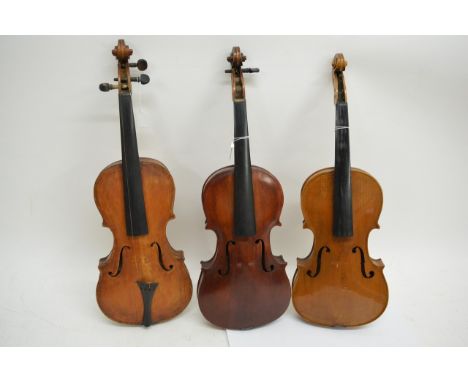 A collection of 5 violins including a 3/4 size chinese violin with bow and case, an English violin dated 1908 by James Mustar