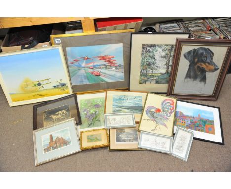 A small collection of various pictures and prints including a Michael Turner The Red Arrows flypast print and a watercolour o