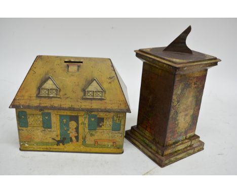 A vintage Crawfords biscuit tin of 'Bicky House' by Mabel Lucie Attwell and one other in the form of a sun dial (2).
