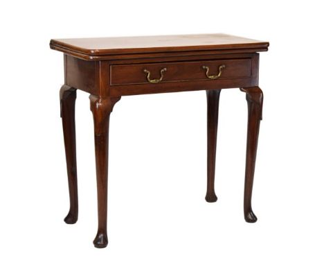 Mid 18th Century mahogany fold over top card table, the oblong top with rounded front corners enclosing green baize lined pla