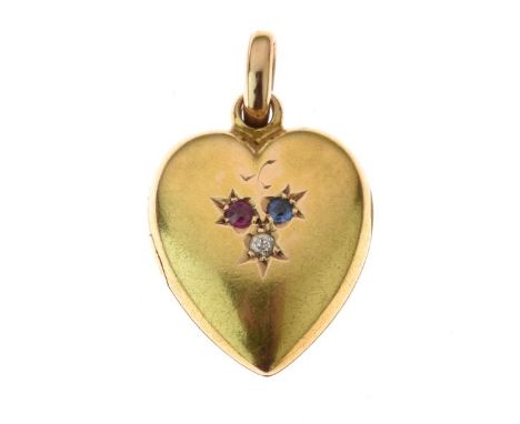 15ct gold heart shaped diamond, ruby and sapphire set locket, Chester, date letter rubbed, 2cm long excluding the bale, 3.8g 
