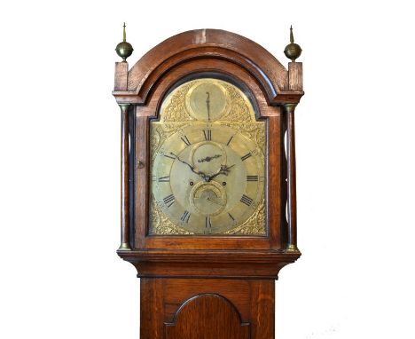 Early George III oak cased brass dial eight day longcase clock, Robert Ward of London, the 12 break arched brass dial having 