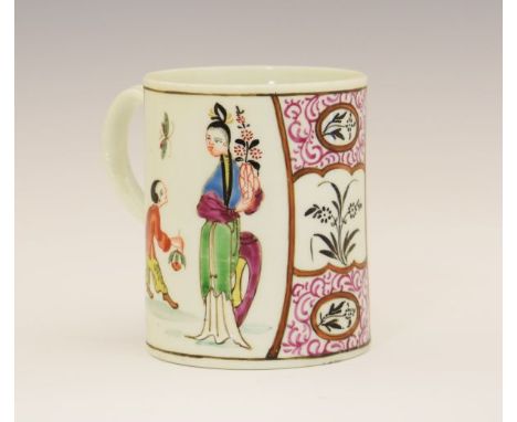 Worcester polychrome decorated porcelain cylindrical mug, circa 1770 decorated with Chinese figures with dog and butterflies 