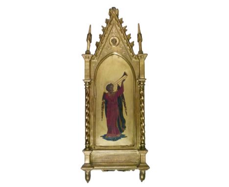 After Fra Angelico (1395-1455) - 19th Century giltwood and gesso portrait of an angel trumpeter, wearing red cloak in lancet 