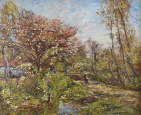 William Frederick Mayor (1866-1916) - Oil on board - A wooded landscape with a figure on a track, unsigned, verso with T.B.& 