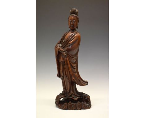 19th Century Chinese carved hardwood figure of Guanyin, 48cm high  Condition: Natural splits to reverse of cloak and a crack 
