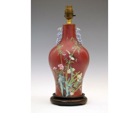 Chinese porcelain baluster shaped vase, now converted to a table lamp, having polychrome enamelled decoration depicting a bir