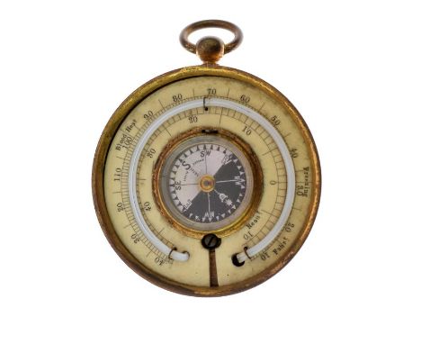 Late 19th/early 20th Century brass cased pocket barometer/thermometer and compass, one side with a silvered barometer dial, t