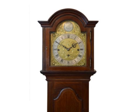 Early 20th Century mahogany cased chiming grandmother clock, having an 8.25 break arched brass dial, the silvered chapter rin