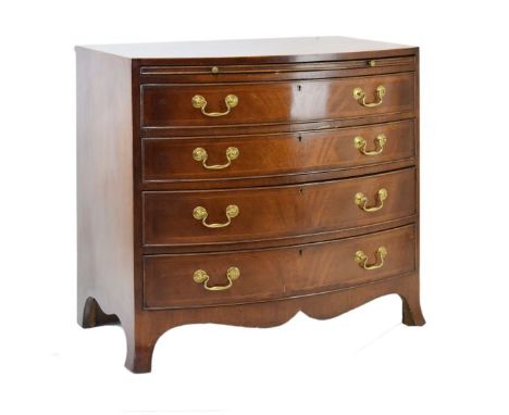 Georgian style mahogany bowfront chest of drawers with brushing slide, the top with ebony and boxwood stringing within crossb