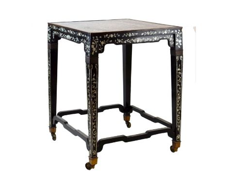 Chinese mother-of-pearl inlaid black lacquered occasional table, circa 1900, the square top profusely inlaid with scroll work