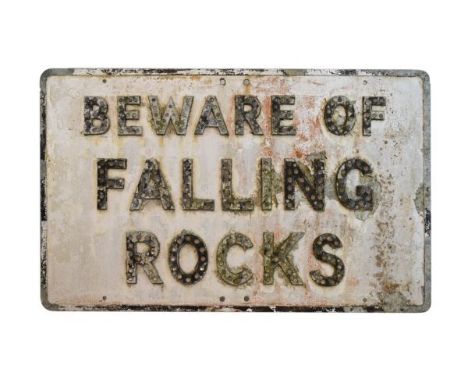Vintage cast aluminium road sign - 'BEWARE OF FALLING ROCKS', each letter illuminated with cats-eye inserts, on white painted