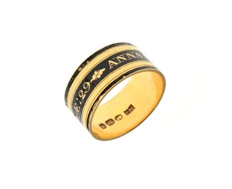 George III gold mourning ring, London 1808, the black enamelled band stating 'Anna Ellis.Ob 11 Jan 1809.AE 29', size O½, 5.3g