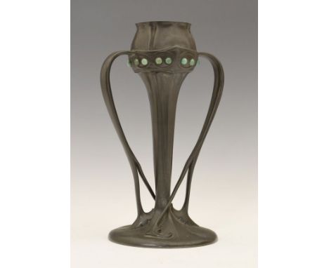 Liberty & Co Tudric pewter Tulip vase having two swept handles and with inset faux turquoise cabochons, numbered 029, 25.25cm