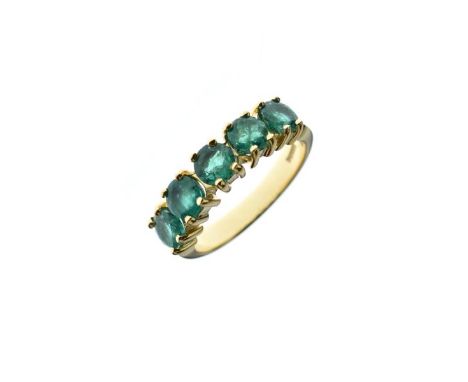 Five stone emerald 18ct gold ring, the uniform round cut stones of approximately 4mm diameter, size M½, 4.7g gross  Condition