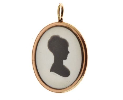 Silhouette locket back pendant, the female profile signed Miers below the bust line, the reverse with a seed pearl set lock o