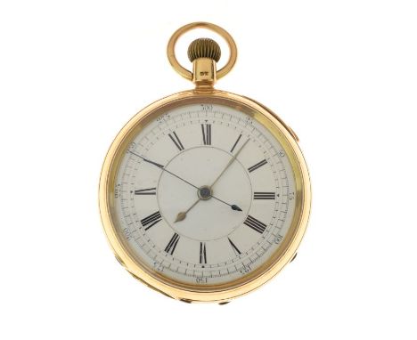 Open faced 18ct gold pocket watch with stop watch action, the white enamel dial with black Roman numerals 300 hundredths of a