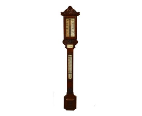 Victorian carved mahogany stick barometer, George Davis, Halifax, with ivory scales for today and yesterday reading from 27 t