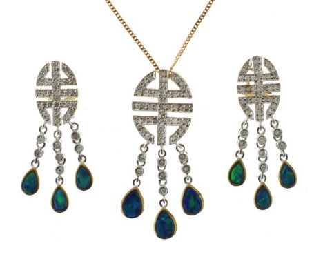 Diamond and opal doublet pendant and earring set, both set with single cuts to an oval geometric motif with triple drops bene