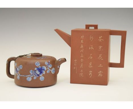 Chinese yixing teapot of rectangular form, decorated with calligraphy, the underside with impressed seal mark, 16cm high, tog