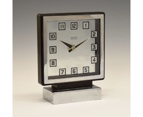 Smiths Art Deco design chrome plated and Bakelite cased electric mantel clock, the glass dial with Arabic numerals, 20cm high
