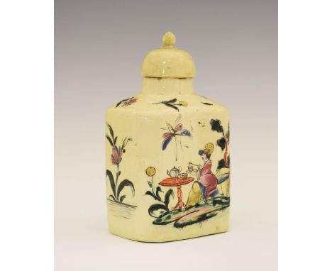 18th Century North Country creamware tea caddy, polychrome painted with Miss Pitt taking tea in a garden, 13cm high  Conditio