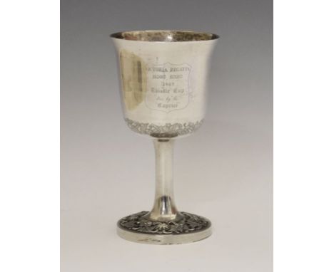 19th Century Chinese export silver trophy goblet having engraved foliate scroll decoration, the circular foot with conforming