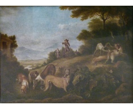 Early 19th Century English School - Oil on canvas - An 18th Century landscape with huntsmen, greyhounds and other hunting dog
