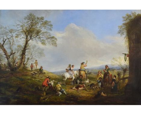 Attributed to Henry Andrews (1794-1868) - Oil on canvas - Landscape with hunting party, 61.5cm x 90cm  Condition: Re-lined an