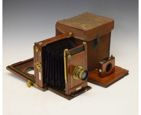 Sands & Hunter Imperial plate camera, brass mounted mahogany, having a Spierpon 7x5 euryscope lens, in a canvas travel case  