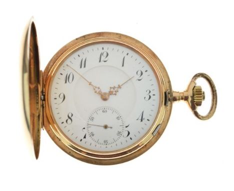 Anonymous - Hunter 14ct gold pocket watch, the white enamel dial with sunken centre and subsidiary seconds dial, black Arabic
