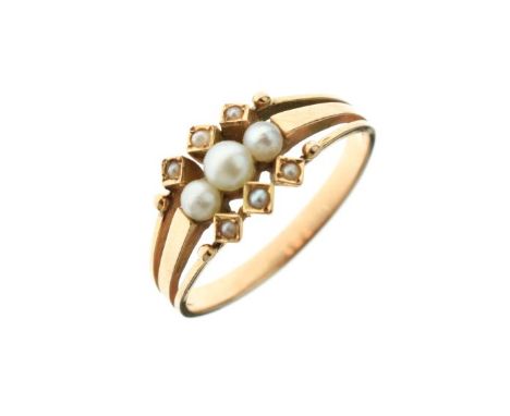 Victorian seed pearl set ring unmarked, set with three trios of seed pearls (untested and unwarranted), size M½, approximatel