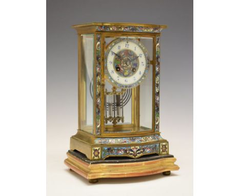 Late 19th Century French brass and champlevé enamel bowfront four glass mantel clock, the 3.5 Arabic chapter ring with blue n