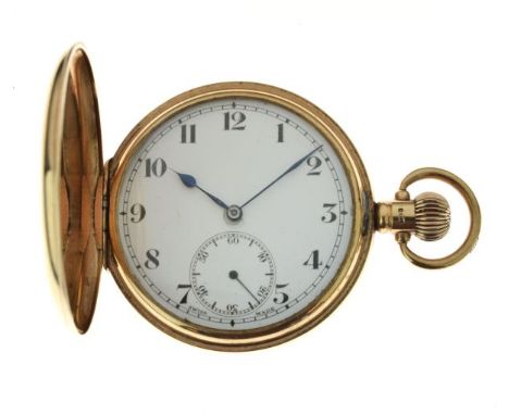 9ct gold hunter cased pocket watch, the white enamel dial with black Arabic numerals, subsidiary seconds dial and blued steel