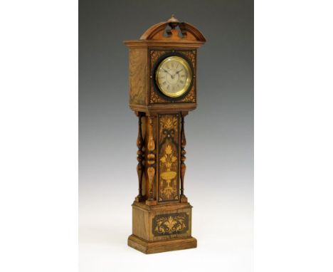 Late 19th Century inlaid rosewood cased mantel clock, in the form of a miniature longcase clock, the 2.25 silvered circular R