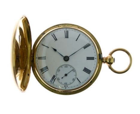 The 18ct gold key wind pocket watch of Rev Charles Voysey, the full hunter case opening to reveal a white enamel dial with Ro