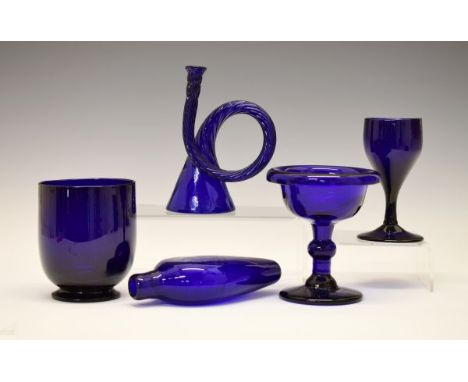 Five pieces of 19th Century Bristol blue glass comprising: hunting horn having spiral twist decoration 15.25cm long, flask 16