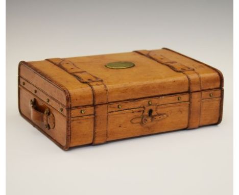 Early 20th Century beech jewellery box finely modelled as a cabin trunk, 26.5cm wide inclusive of side handles  Condition: Tw