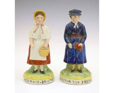 Pair of 19th Century Staffordshire pottery figures - Colston Boy, Bristol and Red Maid, Bristol, each titled to the circular 