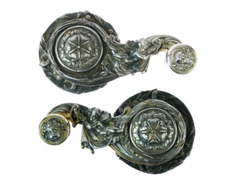 Elkington & Co. - Pair of mid Victorian cast silvered alloy bell pulls, each an S-scroll arm with cherub holding a cord and d