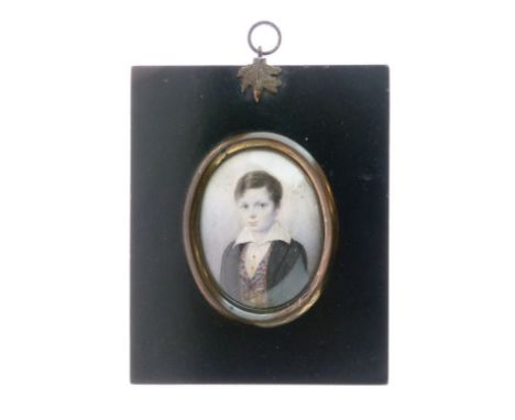 19th Century English School - Oval miniature - Portrait of a young boy wearing a floral waistcoat and black jacket, 6.5cm x 5