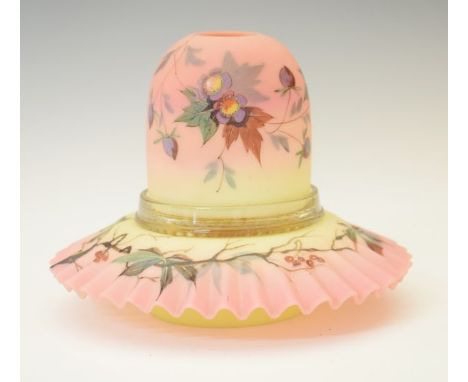 19th Century Thomas Webb Queens Burmese glass night light, the shade and ruffled base having painted foliate decoration, two 