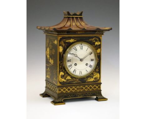 Early 20th Century black lacquered chinoiserie mantel clock, the 4.25 silvered convex Roman dial with Breguet hands, the two 