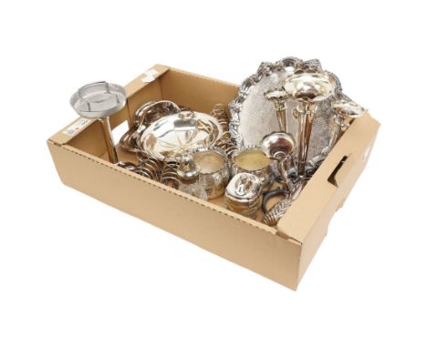Silver plated four branch epergne, pair of plated fern pots, Mappin & Webb cake dish, toast racks and other plated items