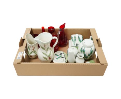 Collection of ruby glass and other art deco wares by E Radford, in one box 