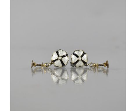 A Pair of Gilt Silver Enamelled Floral Screw Back Earrings, White and Black Guilloche Enamel Drop Measuring 14mm Diameter, St