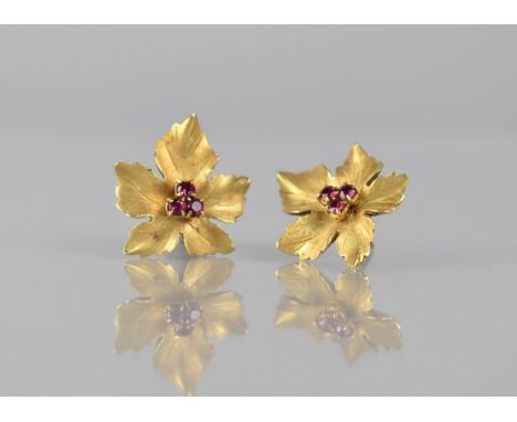 A Pair of 18ct Yellow Gold and Ruby Earrings, Maple Leaf Form, in the Manner of Tiffany and Co, Each with Three Round Cut Rub