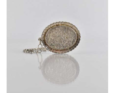 A Large Victorian Silver Coloured Metal Locket on Chain, Central Hand Engraved Panel with Fern Decoration Raised on a Gadroon
