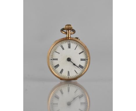 A 14ct Gold Swiss Ladies Pocket Watch, Blue Hands on White Enamel Dial with Roman Numerals and Minute Chapter Ring, Back Plat