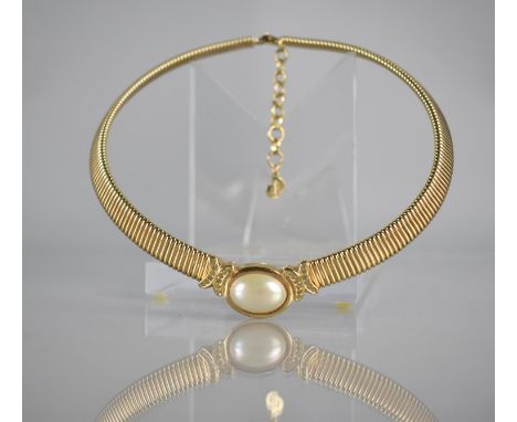 A Vintage Christian Dior Necklace/Collar, Central Oval Faux Pearl 17mm Wide, On a Gilt Metal Band with White Stone Embellishm